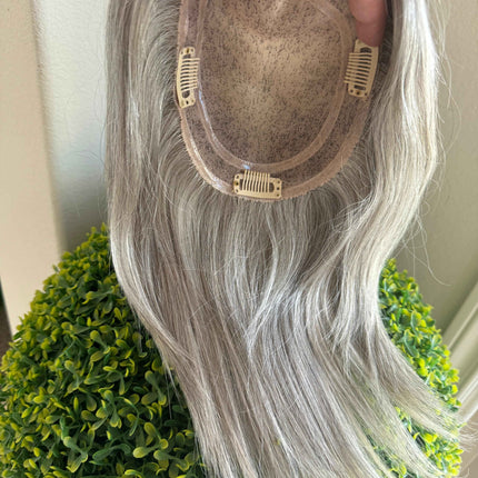 Tillstyle white blonde grey human hair topper mono base