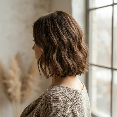 Tillstyle  layered short synthetic wig with bangs  #color_walnut-brown-highlighted