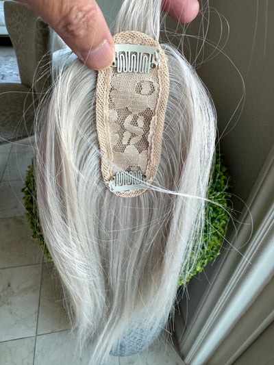 Tillstyle synthetic hair top piece  with bangs white blonde /ice blonde clip in hair piece for thinning crown