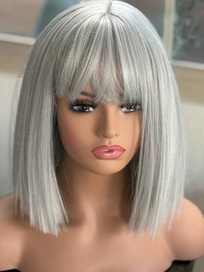 Tillstyle light grey silver bob  wig with curtain bangs