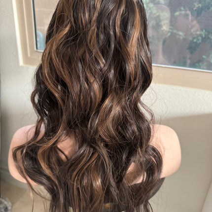 Till style brown highlighted loose body wave invisible wire hair extensions