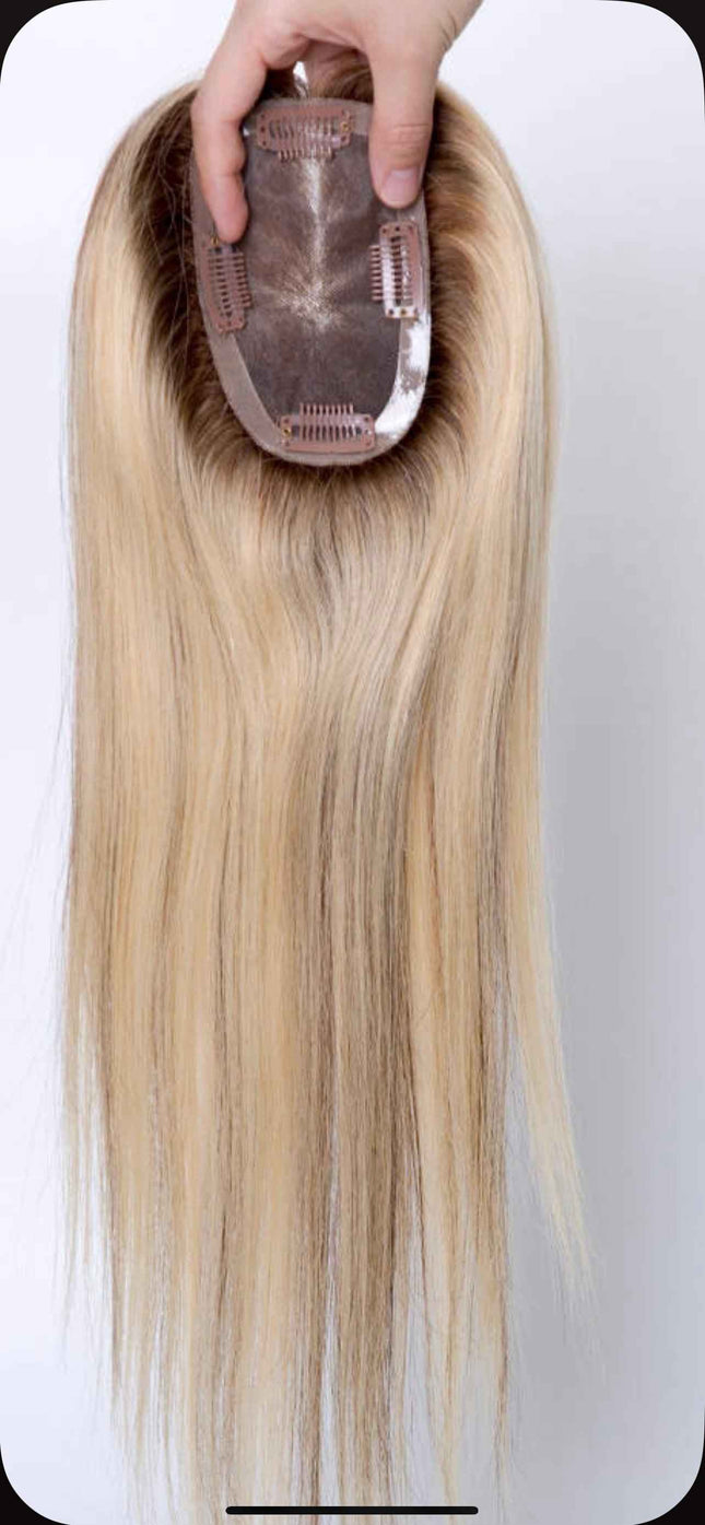 human hair topper with mono base clip in 100% human hair dirty blonde