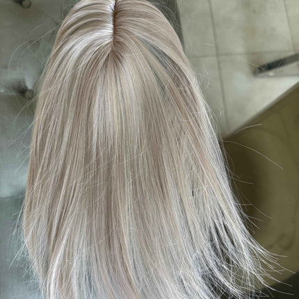 Tillstyle synthetic hair top piece  with bangs white blonde /ice blonde clip in hair piece for thinning crown