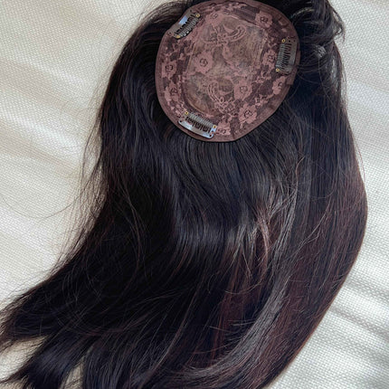 Synthetic hair toppers with bangs dark brown with burgundy highlights