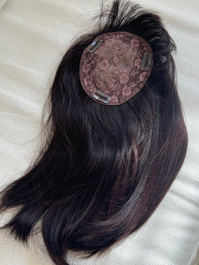 Synthetic hair toppers with bangs dark brown with burgundy highlights