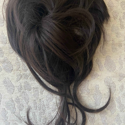 Tillstyle elastic hair-bun scrunchie hair piece with long bangs dark brown