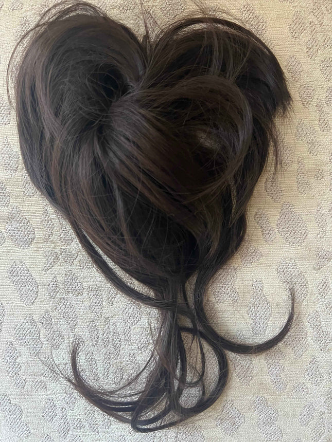 Tillstyle elastic hair-bun scrunchie hair piece with long bangs dark brown