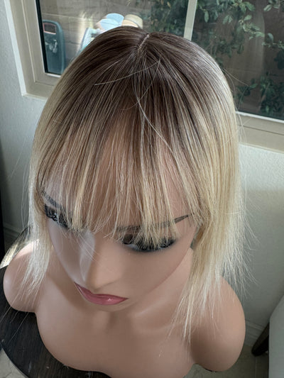 Till style remy human Hair Toppers with bangs blonde/brown roots
