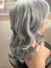 Tillstyle light grey silver wig with curtain bangs for women layered grey wig with pale white ends