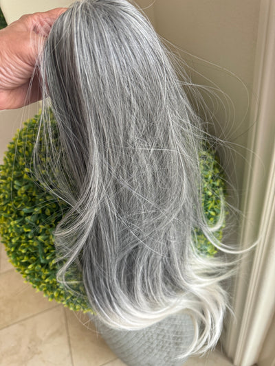 Tillstyle medium grey ponytail with creamy white ends