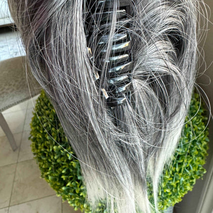 Tillstyle silver grey salt and pepper clip in ponytail straight