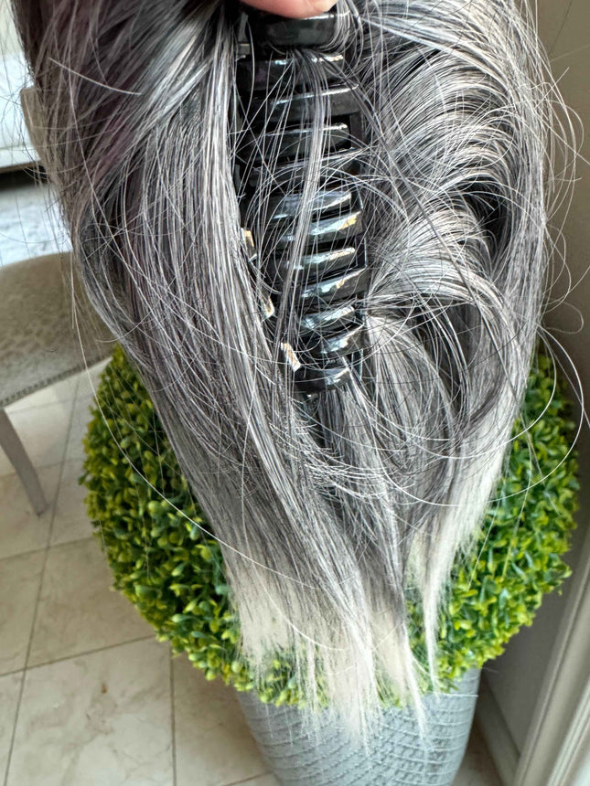 Tillstyle silver grey salt and pepper clip in ponytail straight