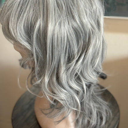 Tillstyle light grey silver wig with curtain bangs for women layered grey wig with pale white ends