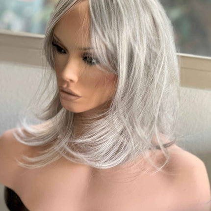 Till style blonde grey hair toppers with bangs /layered