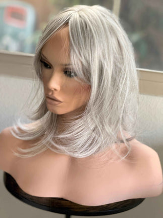 Till style blonde grey hair toppers with bangs /layered