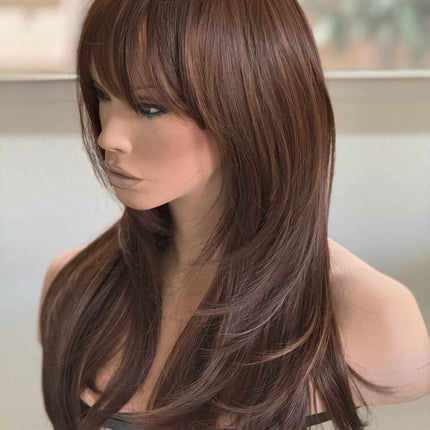 Tillstyle long  medium brown caramel highlighted wig with bangs