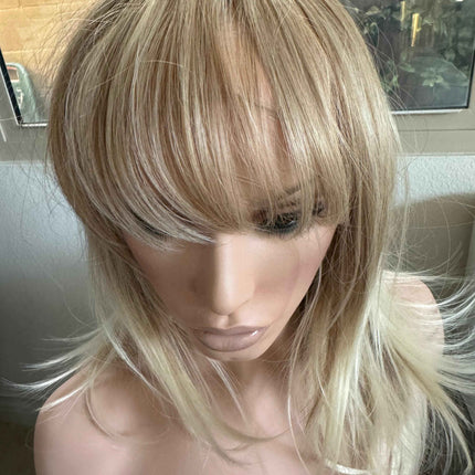 Tillstyle bleach blonde with ombre highlights wig with bangs layered synthetic wig