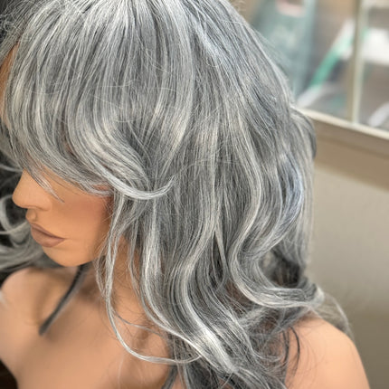 Tillstyle light grey silver wig with curtain bangs for women layered grey wig with pale white ends