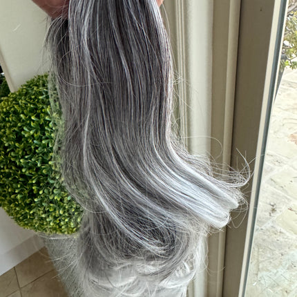 Tillstyle  medium grey curly claw clip ponytail white ends