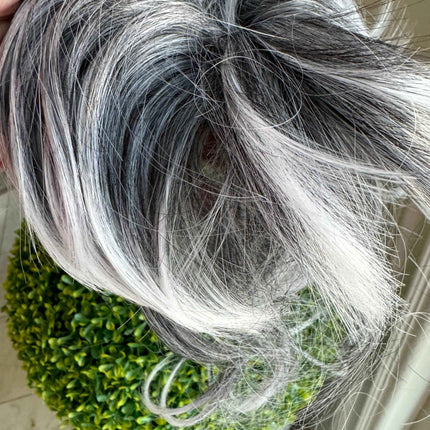 Tillstyle grey elastic hairbun scrunchie with bangs pony tail extension grey with white ends