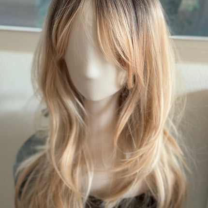 Tillstyle long  strawberry blonde wig with bangs ash brown roots blonde layered synthetic wig 22 inches