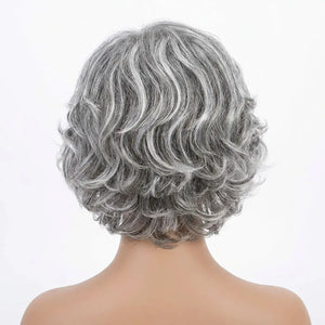 Tillstyleq salt and pepper layered short synthetic wig with bangs Tillstyle short grey  layered wig /white ends#color_salt-and-pepper