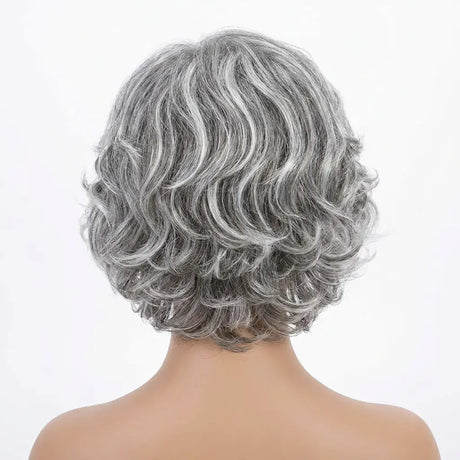 Tillstyleq salt and pepper layered short synthetic wig with bangs Tillstyle short grey  layered wig /white ends#color_salt-and-pepper