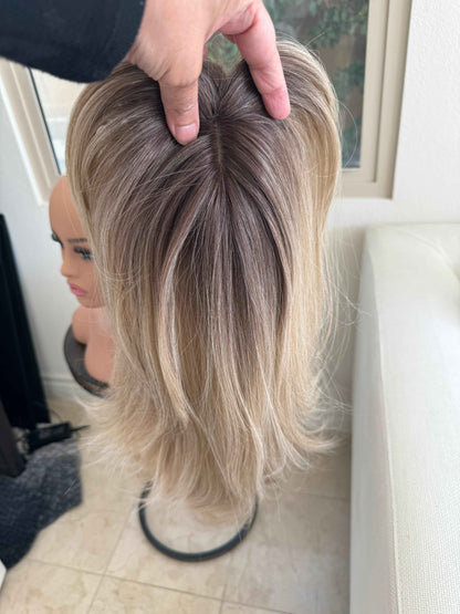 Tillstyle  blonde with ombre brown roots hair toppers with bangs