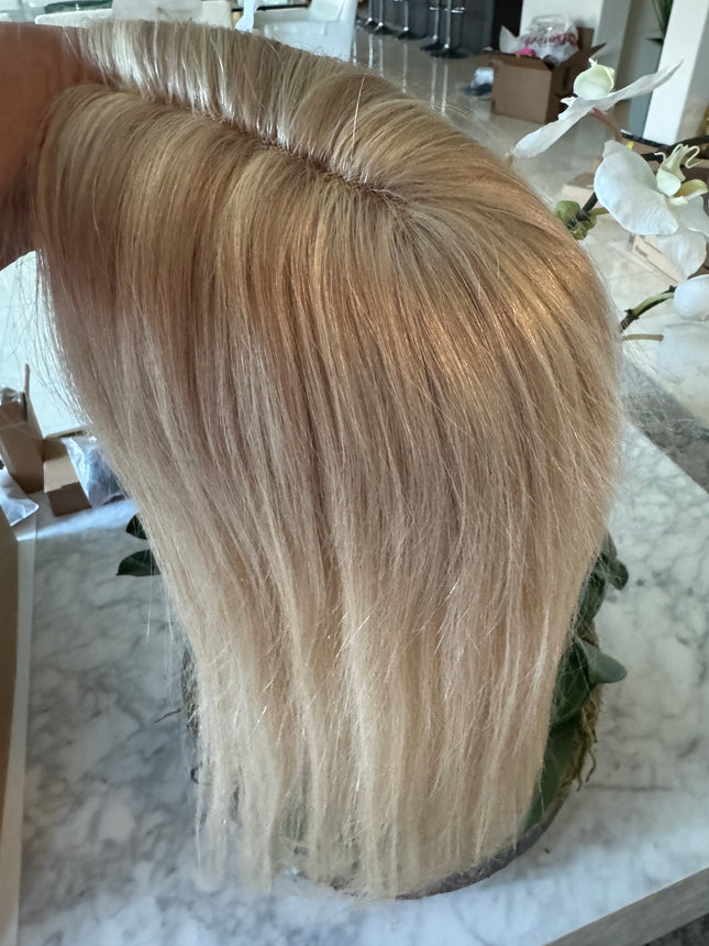 Human hair topper with mono base ash Blonde highlighted