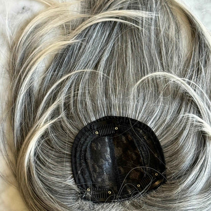 Till style  grey hair toppers for women  Salt and Pepper pale white with yellowish white ends