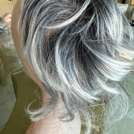 Tillstyle grey elastic hairbun scrunchie with bangs grey pony tail extension  with white ends