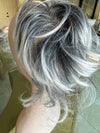 Tillstyle grey elastic hairbun scrunchie with bangs grey pony tail extension  with white ends