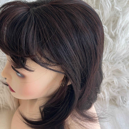 Synthetic hair toppers with bangs dark brown with burgundy highlights