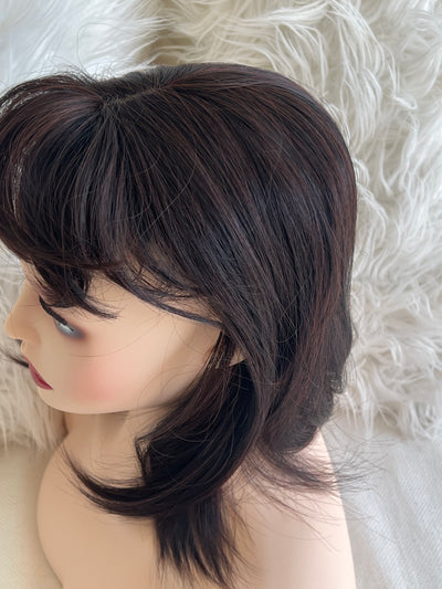 Synthetic hair toppers with bangs dark brown with burgundy highlights