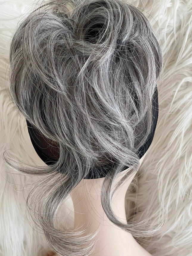 Tillstyle hairbun scrunchie with straight hair bangs hair piece grey with mixed white hair