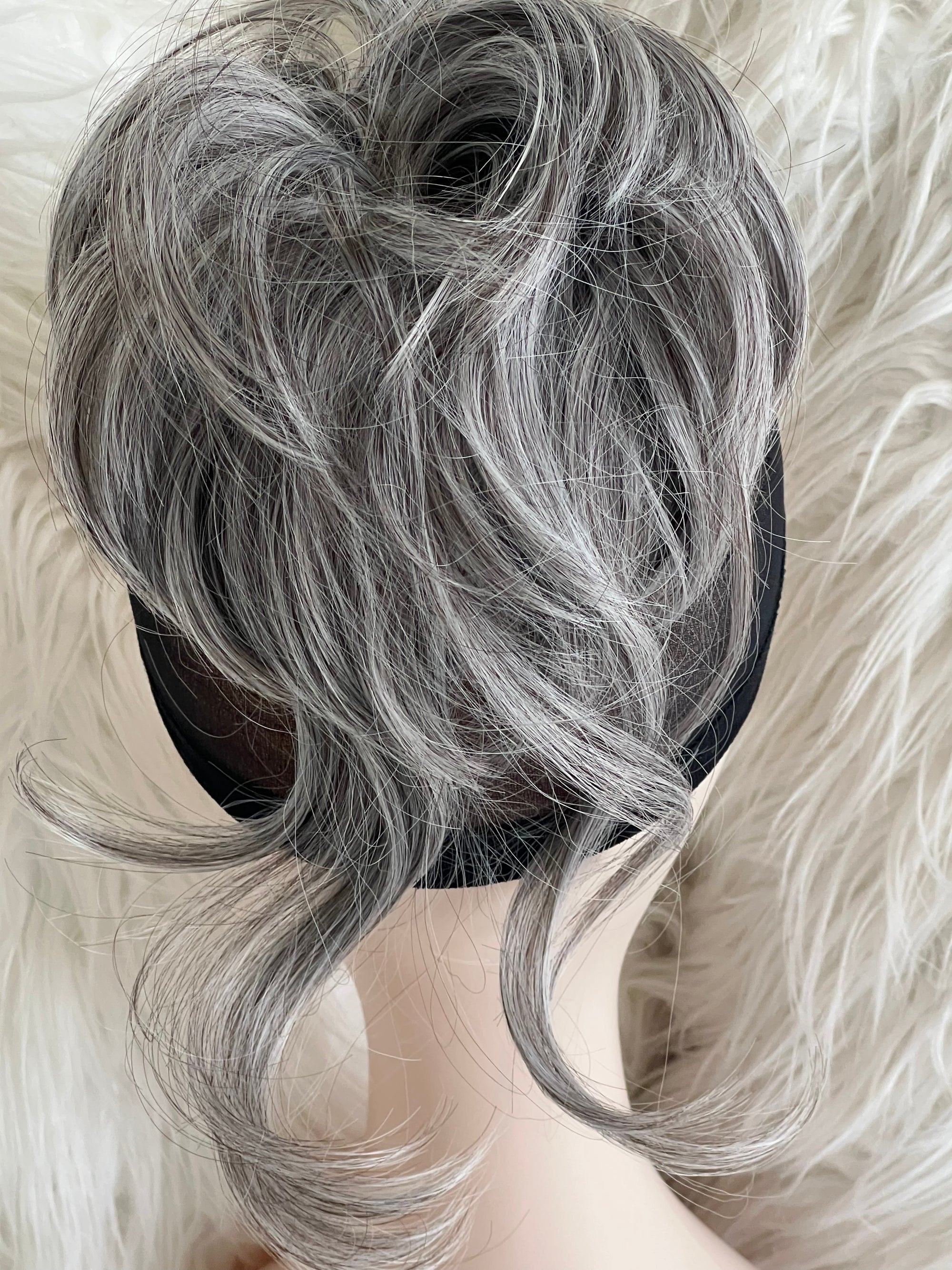 Tillstyle hairbun scrunchie with straight hair bangs hair piece grey with mixed white hair