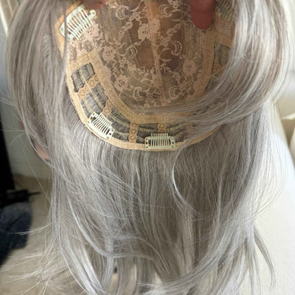 Till style blonde grey hair toppers with bangs /layered