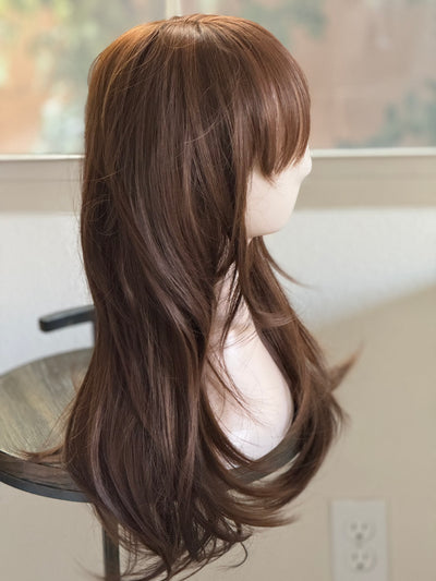 Tillstyle long  brown wig with bangs caramel highlights