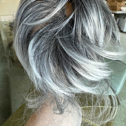 Tillstyle grey elastic hairbun scrunchie with bangs grey pony tail extension  with white ends