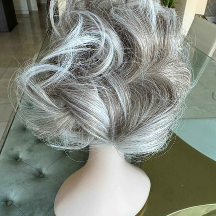 Tillstyle elastic messy bun hair piece curly hair bun pieces  white salt and pepper brownish grey