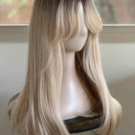 Tillstyle long  straight wig with bangs platinum blonde with dark roots