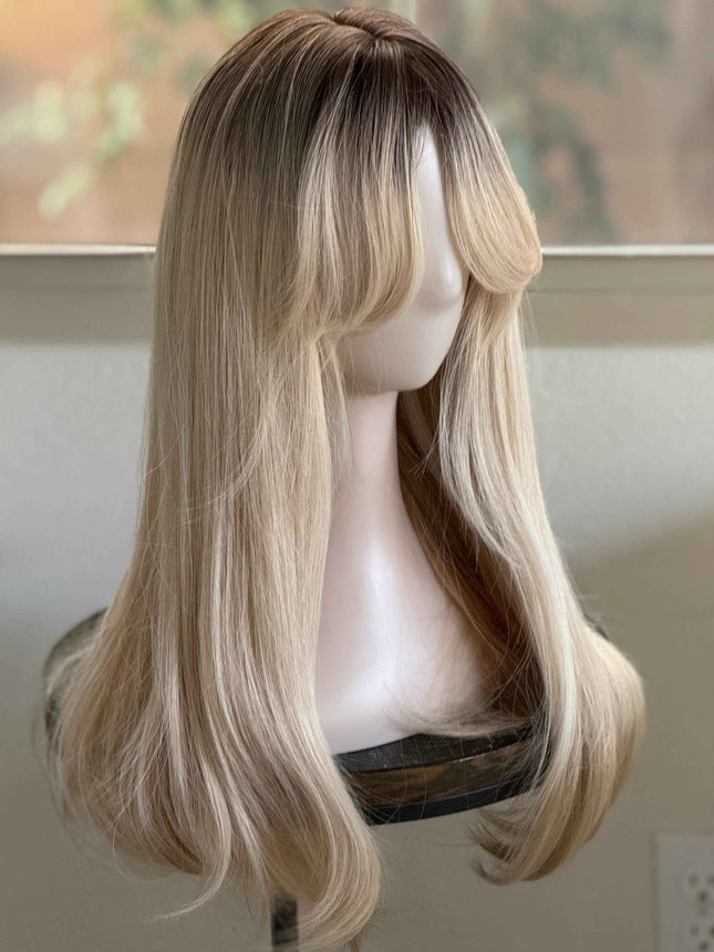 Tillstyle long  straight wig with bangs platinum blonde with dark roots