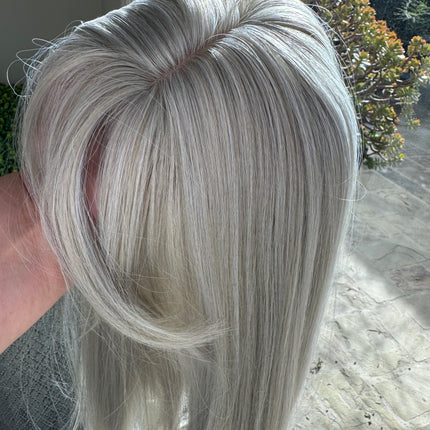 Till style white silver grey hair toppers for women  with butterfly bangs