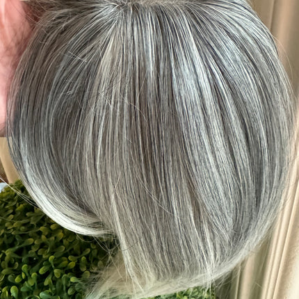 Till style  grey hair toppers for women with butterfly bangs Salt and Pepper pale white Mix Hair