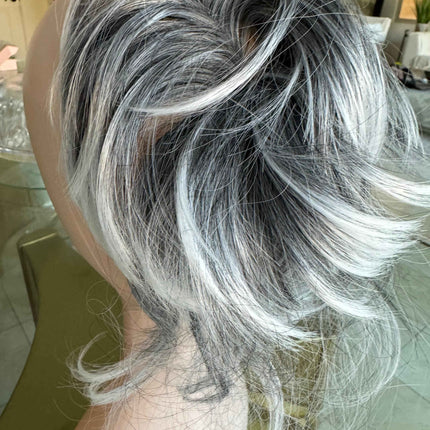 Tillstyle grey elastic hairbun scrunchie with bangs grey pony tail extension  with white ends