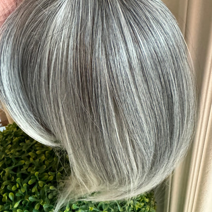 Till style  grey hair toppers for women with butterfly bangs Salt and Pepper pale white Mix Hair