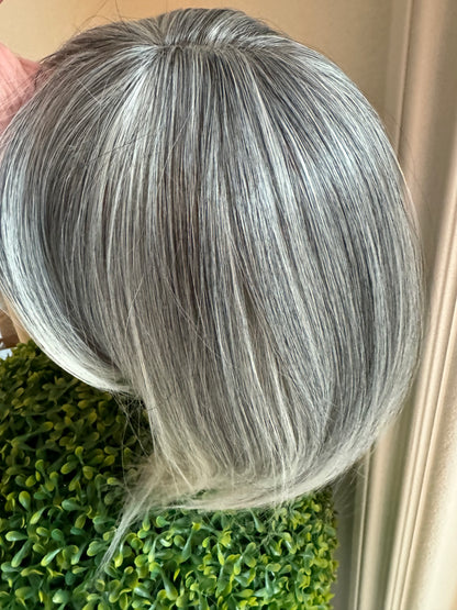 Till style  grey hair toppers for women with butterfly bangs Salt and Pepper pale white Mix Hair