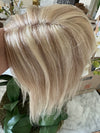 Tillstyle platinum blonde Human hair topper with mono base  ash brown highlighted