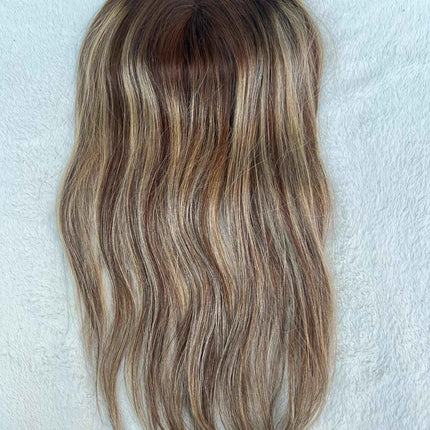 Tillstyle Human clip in hair piece human Hair Topper real part mono base bayalage dark root ombre  blonde