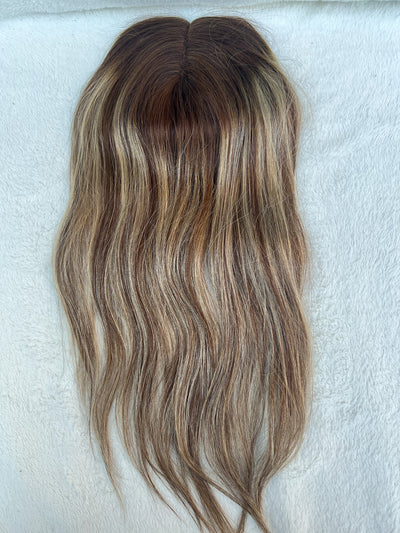 Tillstyle Human clip in hair piece human Hair Topper real part mono base bayalage dark root ombre  blonde